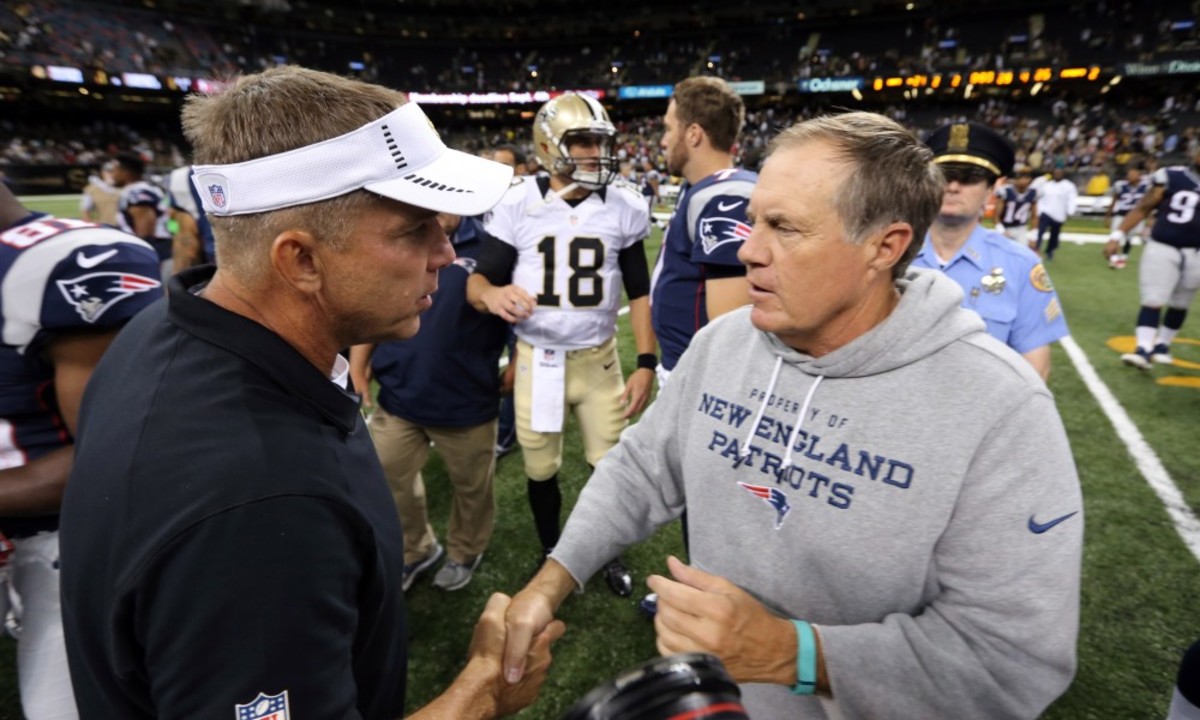 Saints coach Sean Payton (left) and Patriots coach Bill Belichick (right). Credit: Patriots Wire - USA TODAY 
